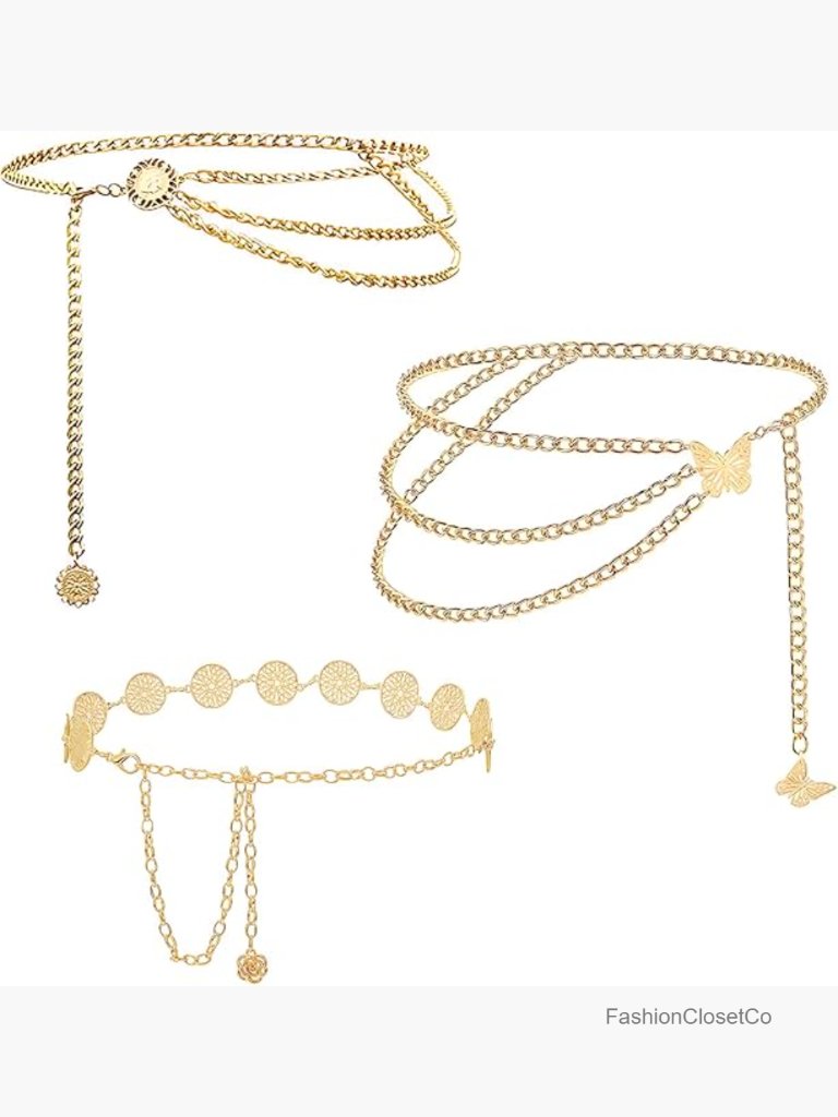 Adjustable Gold Plated Waist Chain Belt Set With Clover Butterfly Disc Pendants